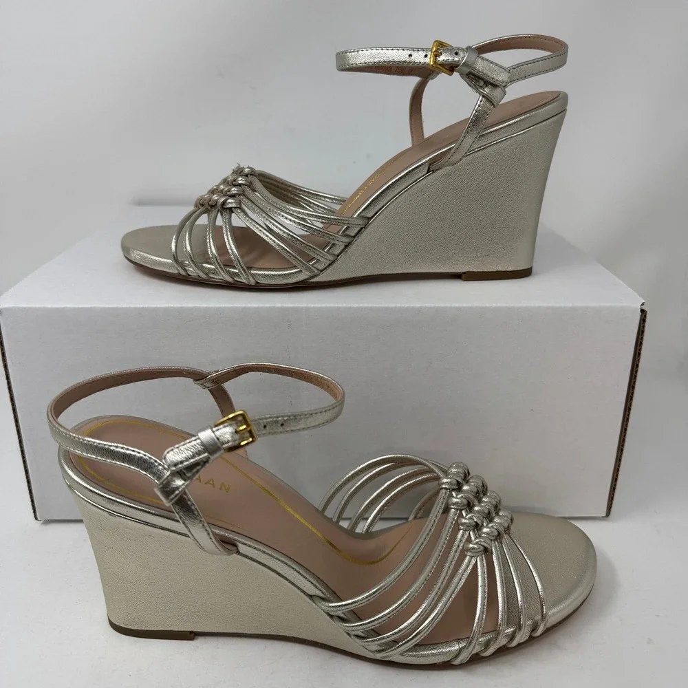 Cole Haan Jitney‎ Knot Wedge Sandals Soft Gold Metallic Leather W30170 10.5B